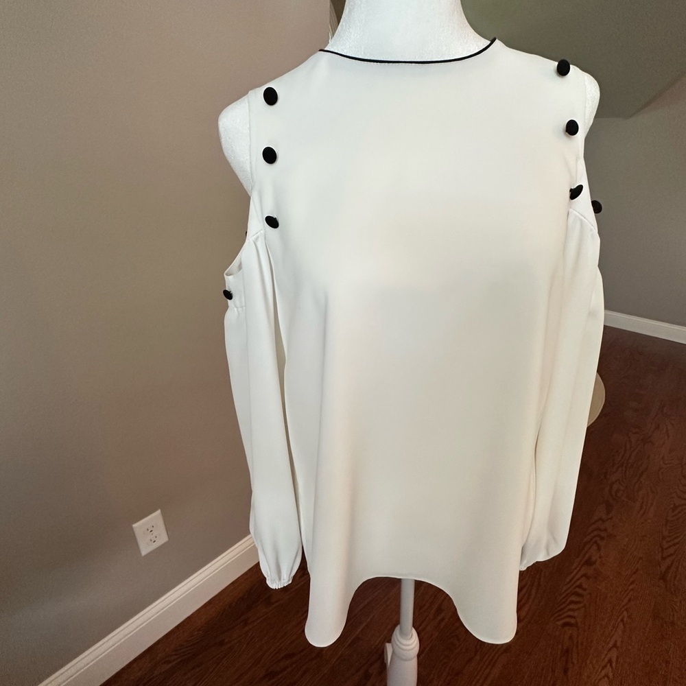 Joseph Ribkoff Cream Blouse with cold shoulder and black accents